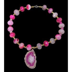 Glam Nature Inspired Pink Dyed Agate And Geode Slice Necklace